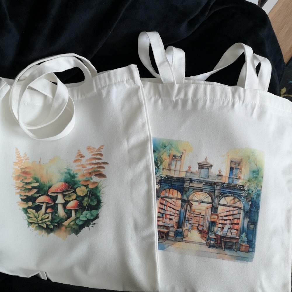 Set of 2 Canvas Book Totes Old Bookstore & Mushroom Design Sublimation Handmade